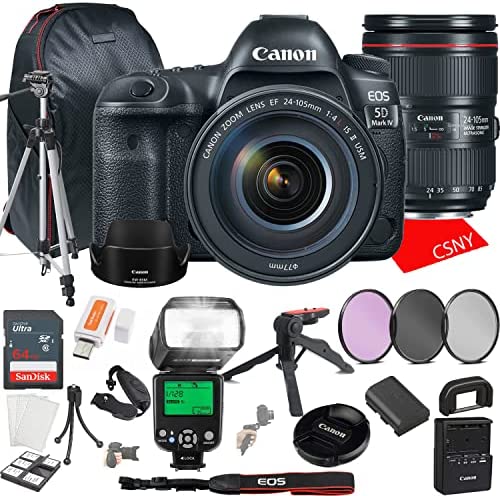 Canon EOS 5D Mark IV DSLR Camera w/EF 24-105mm f/4L is II USM Lens + 64GB Memory + Back Pack Case + Tripod, TTL Flash, Filters, & More (28pc Bundle)