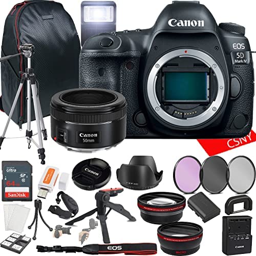 Canon EOS 5D Mark IV DSLR Camera w/EF 50mm F/1.8 STM Lens + 64GB Memory + Back Pack Case + Tripod, Lenses, Filters, & More (28pc Bundle)