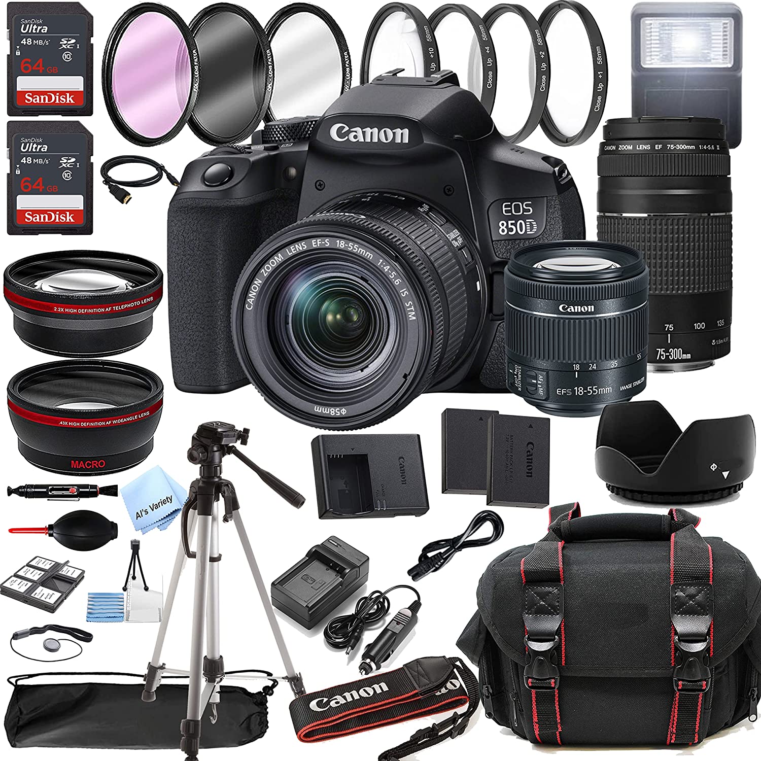 Canon EOS 850D (Rebel T8i) DSLR Camera w/EF-S 18-55mm F/4-5.6 is STM Zoom Lens + 75-300mm F/4-5.6 III Lens + 128GB Memory + Case + Tripod + Filters (38pc Bundle)