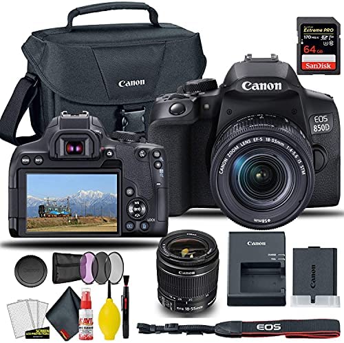 Canon EOS 850D / Rebel T8i DSLR Camera with 18-55mm Lens + Creative Filter Set, EOS Camera Bag + Sandisk Extreme Pro 64GB Card + 6AVE Electronics Cleaning Set, and More (International Model) (Renewed)