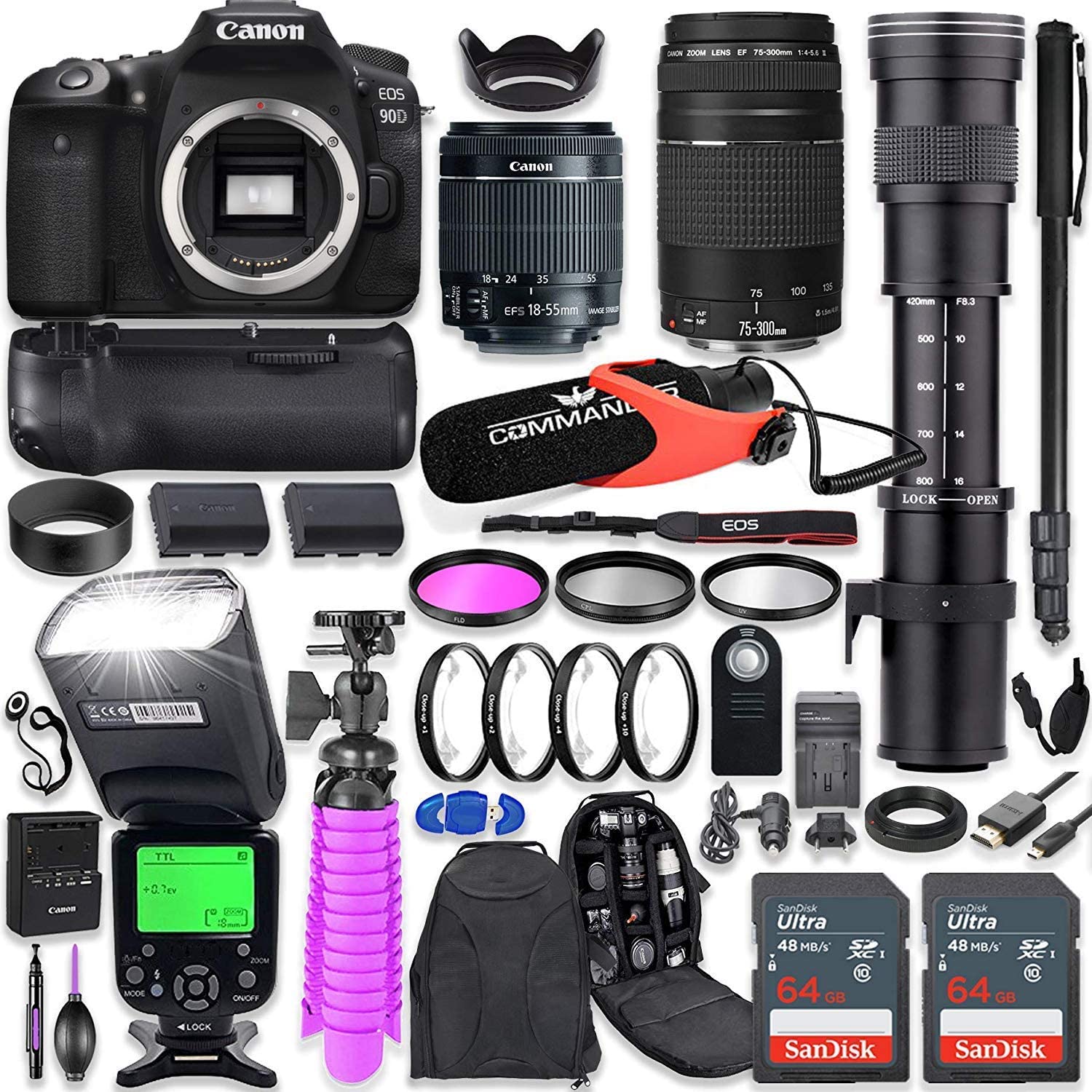 Canon EOS 90D DSLR Camera Kit with Canon 18-55mm & Canon 75-300mm Lenses + 420-800mm Telephoto Zoom Lens + Battery Grip + TTL Flash (Upto 180 Ft) + Commander Microphone + 128GB Memory Accessory Bundle