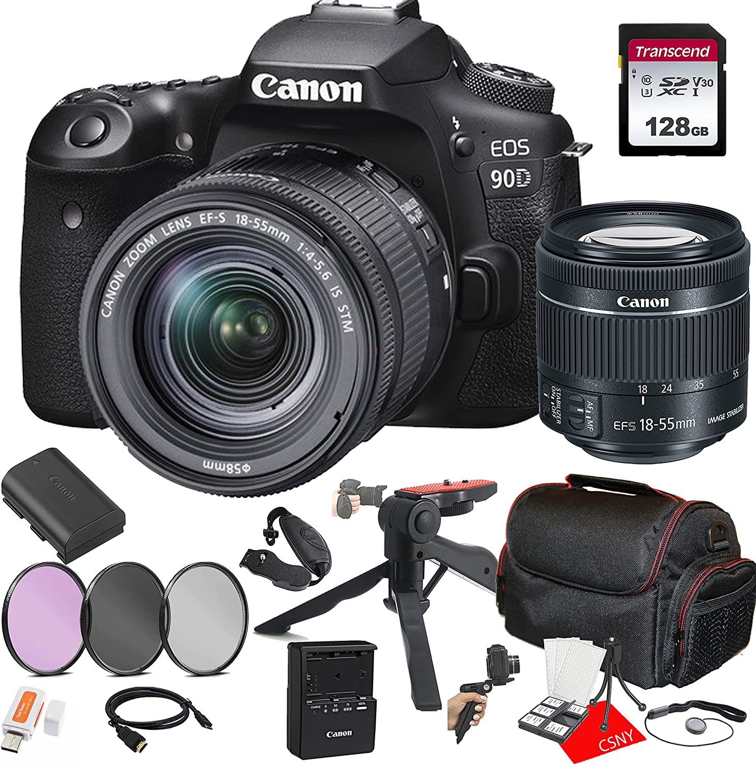 Canon EOS 90D DSLR Camera w/EF-S 18-55mm F/4-5.6 Zoom is STM Lens + 128GB Memory + Case + Filters + Tripod + 3 Piece Filter Kit + More (24pc Bundle)