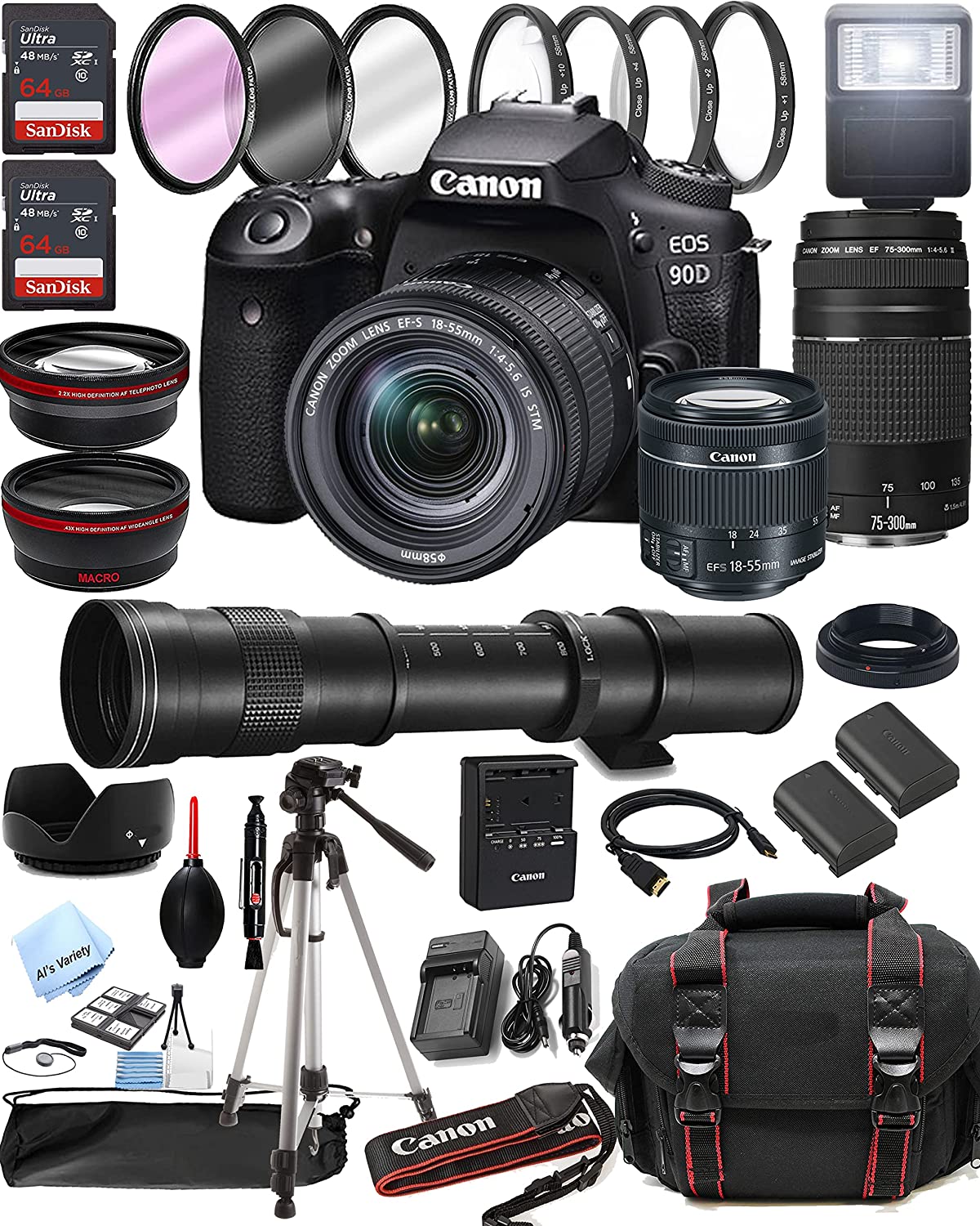 Canon EOS 90D DSLR Camera w/EF-S 18-55mm F/4-5.6 is STM Zoom Lens + 75-300mm F/4-5.6 III Lens + 420-800mm Super Telephoto Lens + 128GB Memory + Case + Tripod + Filters (42pc Bundle)