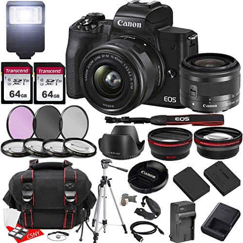 Canon EOS M50 Mark II Mirrorless Camera w/EF-M 15-45mm f/3.5-6.3 is STM Lens + 2X 64GB Memory + Hood + Case + Filters + Tripod + More (35pc Bundle)