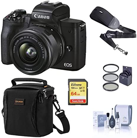 Canon EOS M50 Mark II Mirrorless Camera with EF-M 15-45mm f/3.5-6.3 is STM Lens, Black Bundle with Bag, 64GB SD Card, Filter Kit, Sling Strap, Cleaning Kit