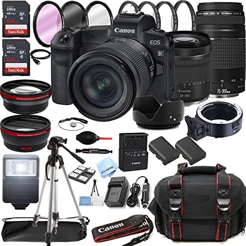 Canon EOS R Mirrorless Digital Camera with RF 24-105mm f/4-7.1 STM Lens + 75-300mm F/4-5.6 III Lens + 128GB Memory + Case + Tripod + Filters (41pc Bundle)