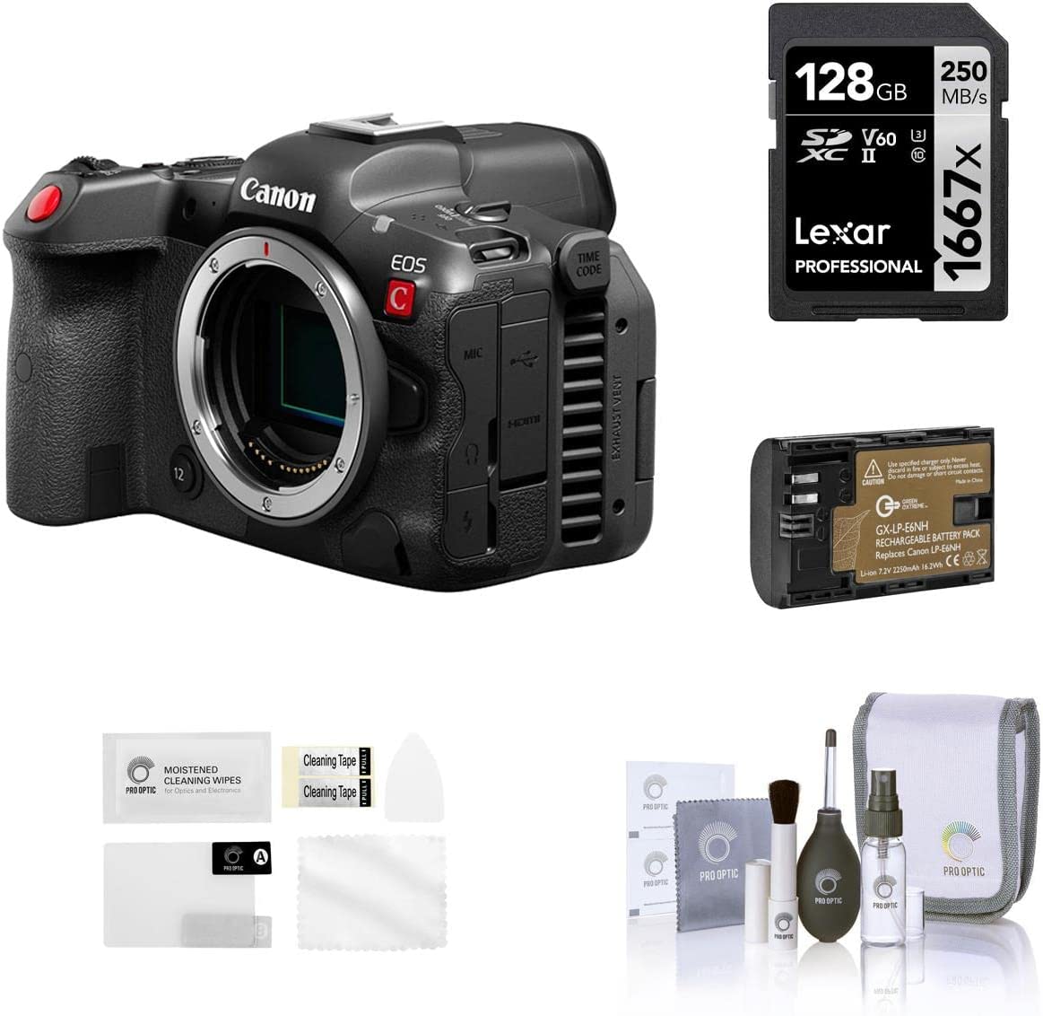 Canon EOS R5 C Mirrorless Digital Cinema Camera Body, Bundle with 128GB SD Memory Card, Battery, Screen Protector, Cleaning Kit