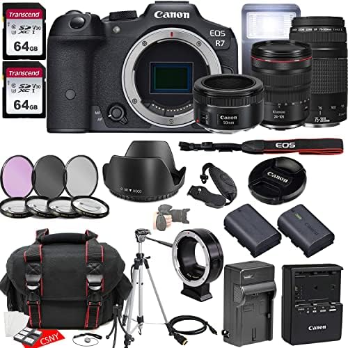 Canon EOS R7 Mirrorless Camera w/RF 24-105mm f/4 L is USM Lens + EF 75-300mm f/4-5.6 III Lens + EF 50mm f/1.8 STM Lens + 2X 64GB Memory + Hood + Case + Filters + Tripod & More (35pc Bundle)