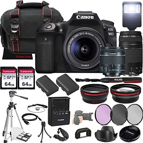 Canon EOS Rebel 90D DSLR Camera w/EF-S 18-55mm F/4-5.6 is STM Lens + EF 75-300mm f/4-5.6 III Lens + 2X 64GB Memory + Case + Filters + Tripod + More (35pc Bundle)