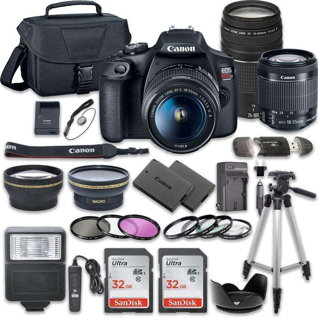 Canon EOS Rebel T7 DSLR Camera Bundle with Canon EF-S 18-55mm f/3.5-5.6 is II Lens + Canon EF 75-300mm f/4-5.6 III Lens + 2pc SanDisk 32GB Memory Cards + Accessory Kit