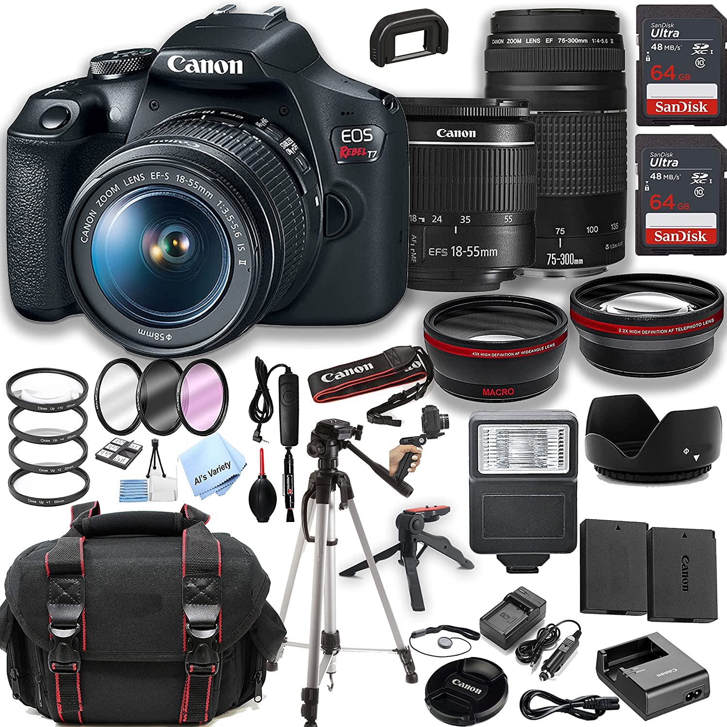 Canon EOS Rebel T7 DSLR Camera w/ 18-55mm is II Zoom Lens + 75-300mm III Lens + 2pcs 64GB Memory + Case+ Tripod + Steady Grip Pod + Filters + Macro + 2X Lens + 2X Batteries + More (37pc Bundle)