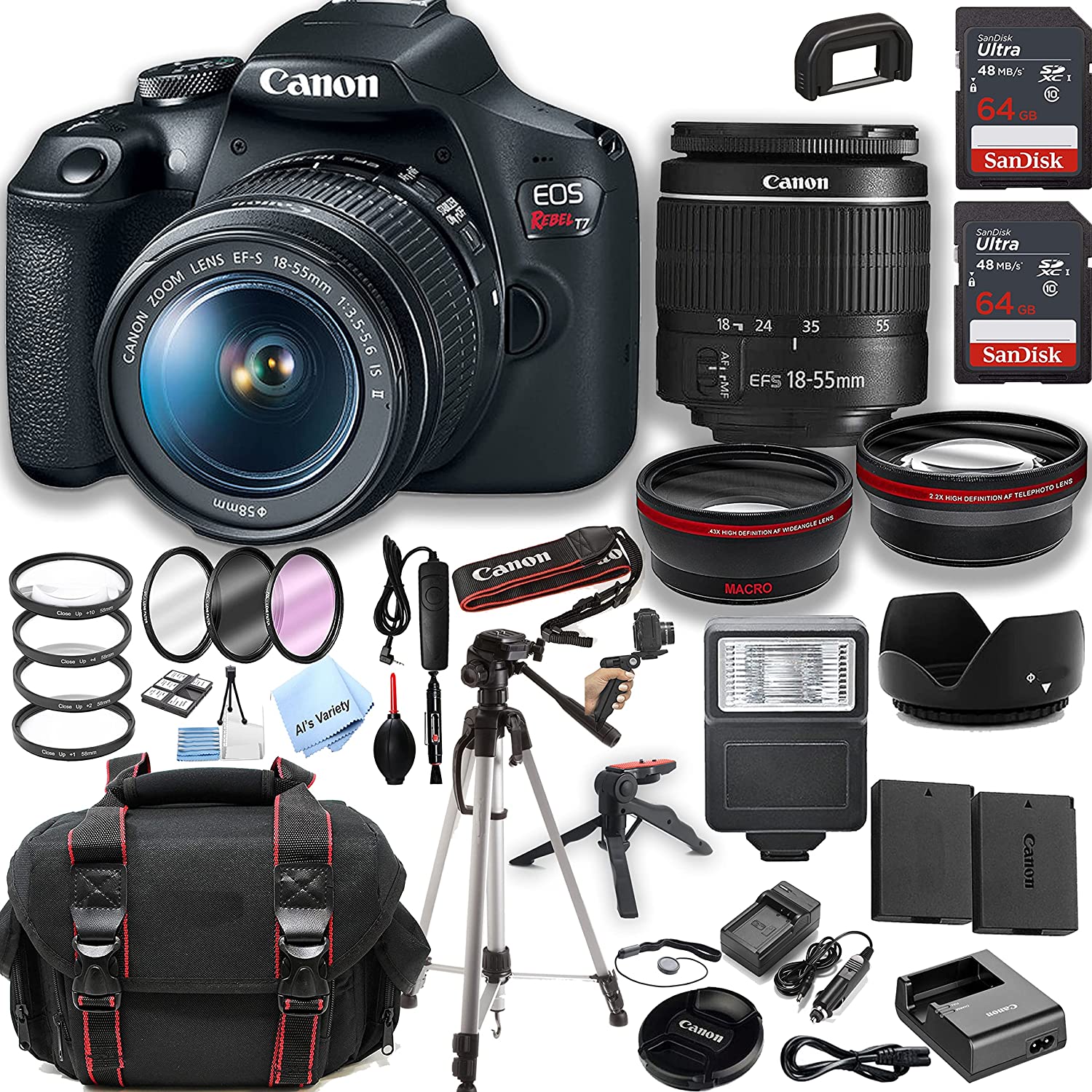 Canon EOS Rebel T7 DSLR Camera w/EF-S 18-55mm F/3.5-5.6 is II Zoom Lens + 2pcs 64GB Memory + Case+ Tripod + Steady Grip Pod + Filters + Macro + 2X Lens + Remote + 2X Batteries + More (35pc Bundle)