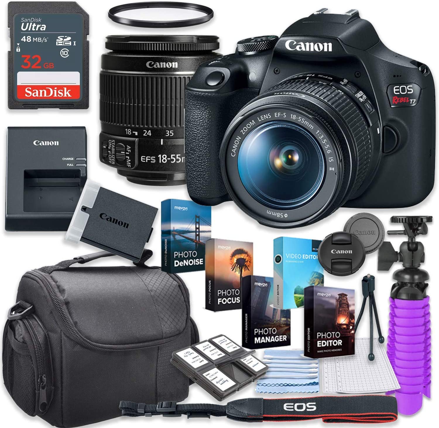 Canon EOS Rebel T7 DSLR Camera with 18-55mm Lens + 32GB Card + Accessory Photo Bundle (Renewed)