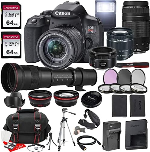 Canon EOS Rebel T8i DSLR Camera w/EF-S 18-55mm F/4-5.6 Zoom is STM+ 75-300mm F/4-5.6 III+ EF 50mm f/1.8 STM Lenses+ 420-800mm f/8.3 Lens for T Mount+2X 64GB Memory+Hood+Case+Filters+More (35pc Bundle)