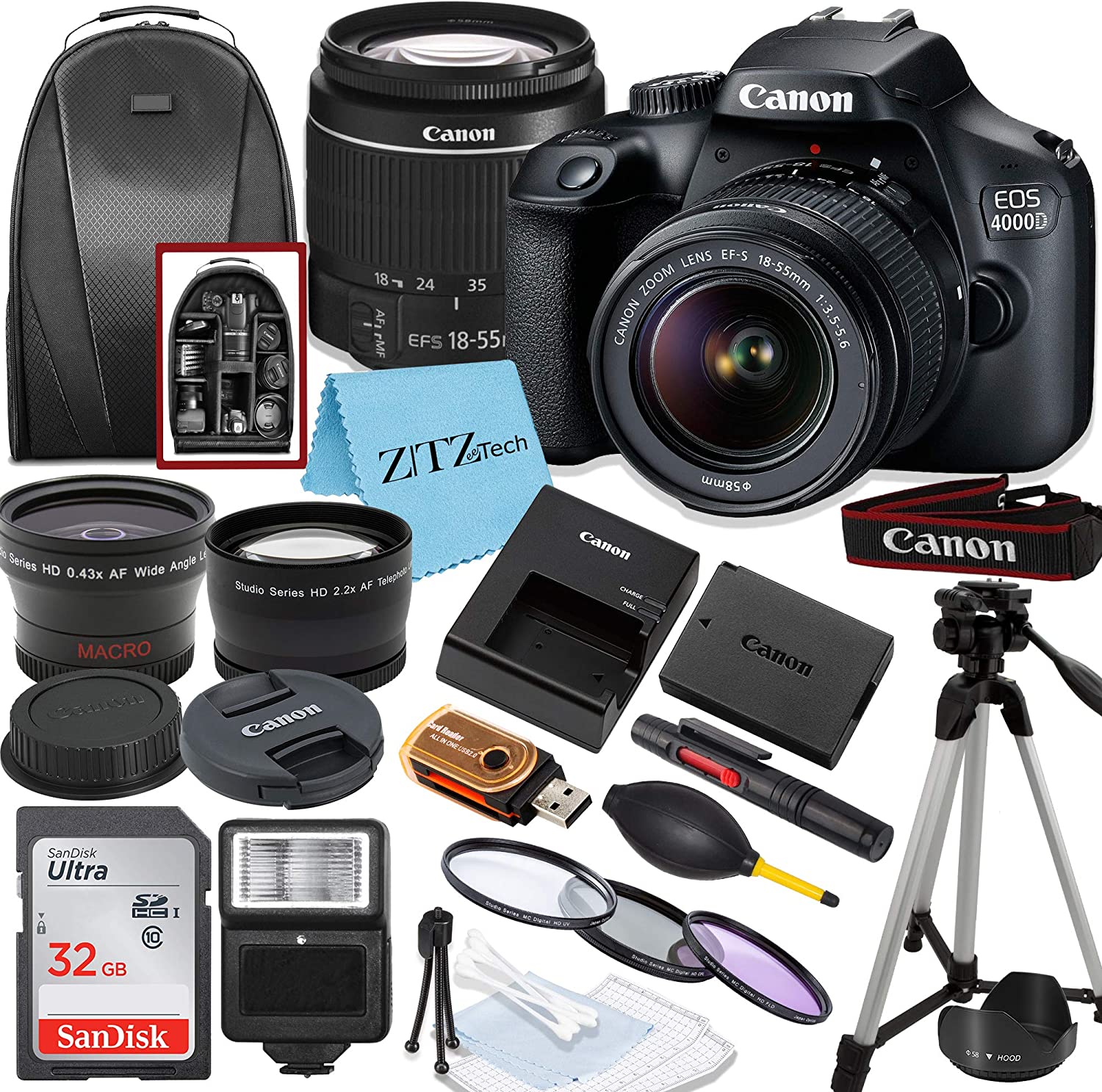 Canon EOS T100/4000D DSLR Camera with EF-S 18-55mm Lens, SanDisk Memory Card, Tripod, Flash, Backpack + ZeeTech Accessory Bundle (Canon 18-55mm, SanDisk 32GB) (Renewed)