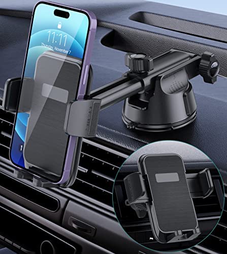 Car Phone Holder Mount, [Military-Grade Suction & Super Sturdy Base] 3 in 1 Universal Phone Mount For Car Dashboard Windshield Air Vent Hands Free Car Phone Mount for iPhone Android All Smartphone