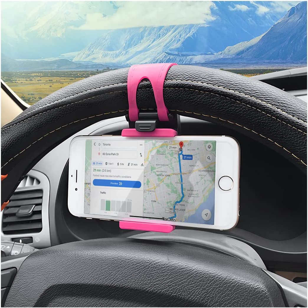 Cell Phone Holder for Car, Steering Wheel Hanging Buckle Type Retractable Phone Holder, Universal for iPhone 13/12 Pro, Pro Max, XS, Samsung, More Devices, Suitable for All Vehicles (Pink)