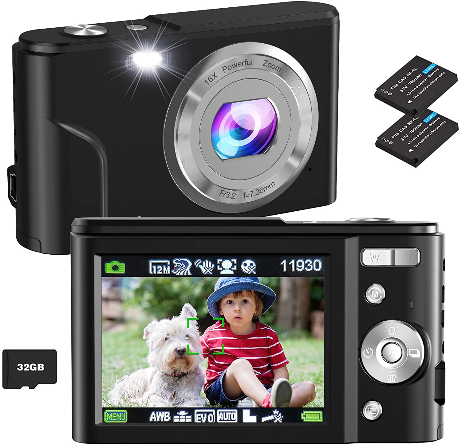 Digital Camera, Bofypoo Autofocus Kids Vlogging Camera FHD 1080P 48MP with 32GB Memory Card, 16X Zoom Point and Shoot Digital Camera, Compact Camera for Teens,Beginners