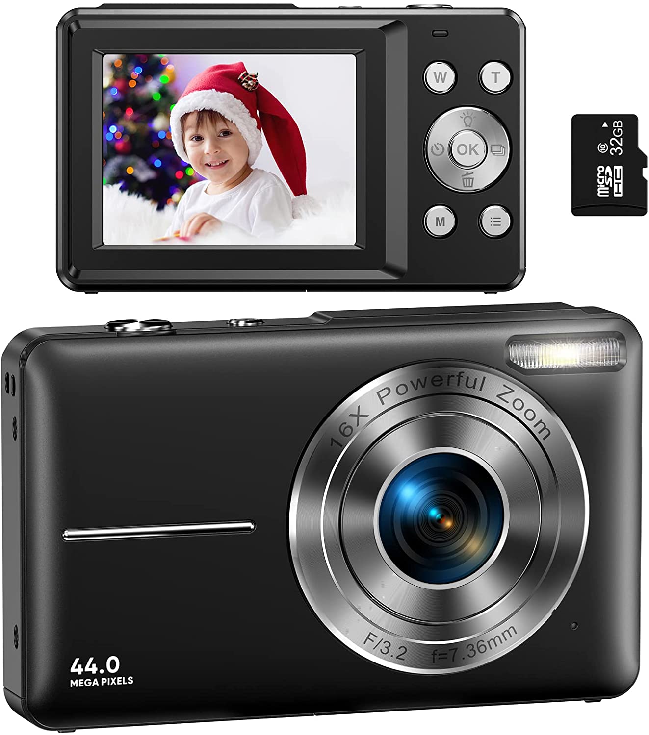 Digital Camera, Kids Camera with 32GB Card FHD 1080P 44MP Vlogging Camera with LCD Screen 16X Zoom Compact Portable Mini Rechargeable Camera Gifts for Students Teens Adults Girls Boys-Black