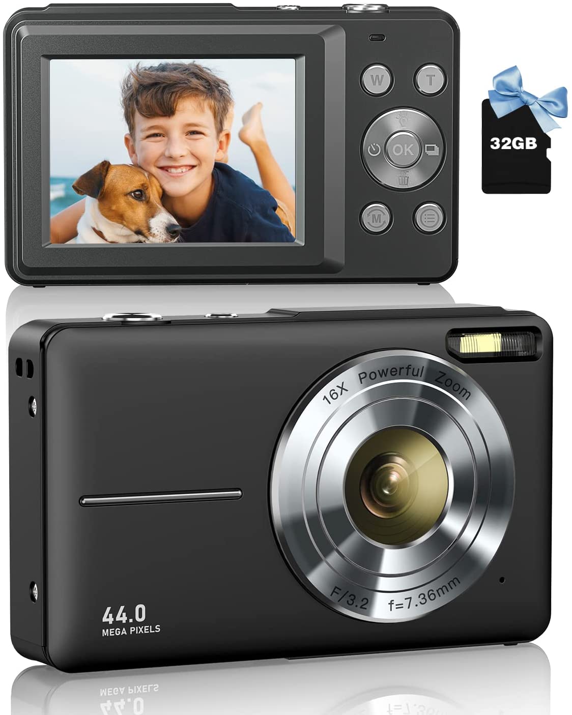 Digital Camera for Kids, Lecran 1080P 44MP Kids Camera with 32GB Card Point and Shoot Camera with 16X Zoom, Compact Portable Cameras Christmas Birthday Gift for Children Kids Teens Girl Boy(Black)