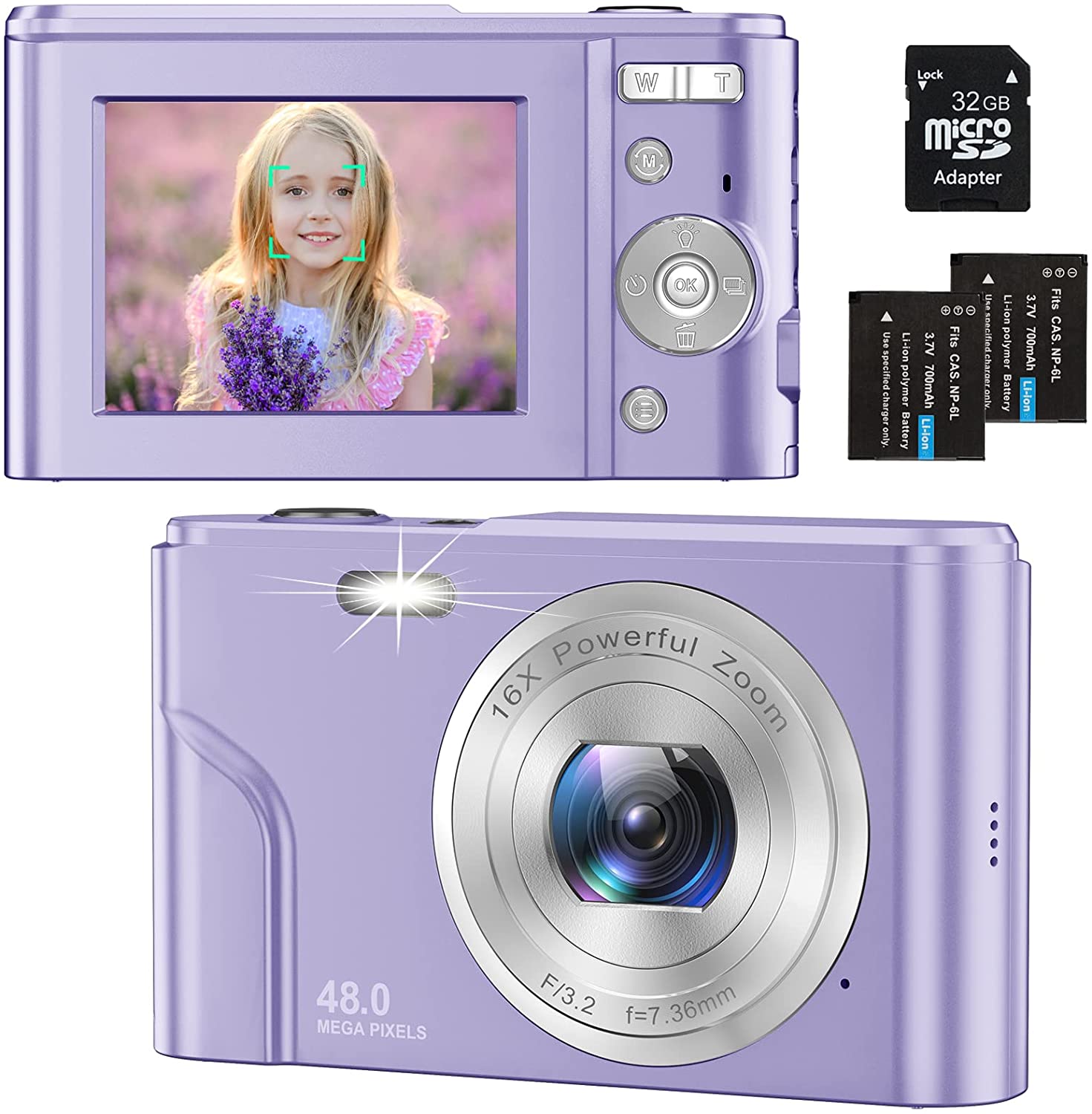 Digital Camera for Teens Kids, 1080P 48MP Kids Camera with 32GB SD Card, 2.4 Inch LCD Screen Kids Digital Camera with 16X Digital Zoom, Compact Kid Camera for Kids Girls Boys Adults Beginners (Purple)