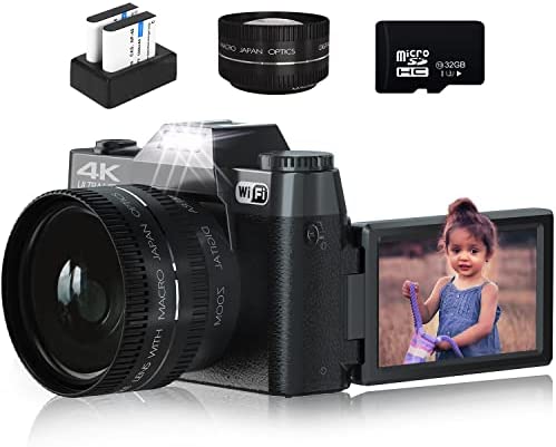 Digital Cameras for Photography, 4K 48MP Vlogging Camera for YouTube with WiFi, Manual Focus, 16X Digital Zoom, 52mm Wide Angle Lens & Macro Lens, 32GB TF Card and 2 Batteries(Black)