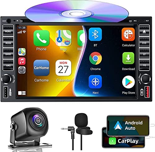 Double Din Car Stereo Radio With CD/DVD Player, Voice Control Carplay & Android Auto, 7 inch Car Audio With HD Touchscreen, Bluetooth, Mirror Link, Backup Camera, SWC, FM/AM, USB/SD, A/V Input (Black)