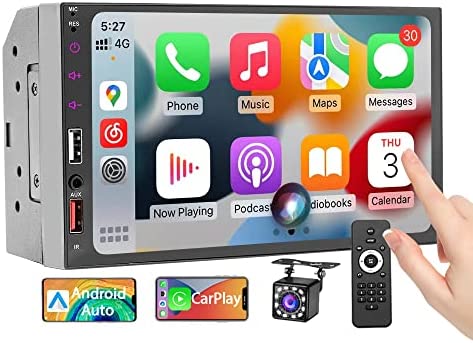 Double Din Car Stereo with Apple CarPlay/Android Auto/Mirror-Link, 7 Inch Touchscreen Radio Receiver with Bluetooth 5.1 Handsfree and Backup Camera, FM USB AUX RCA Audio Video Player