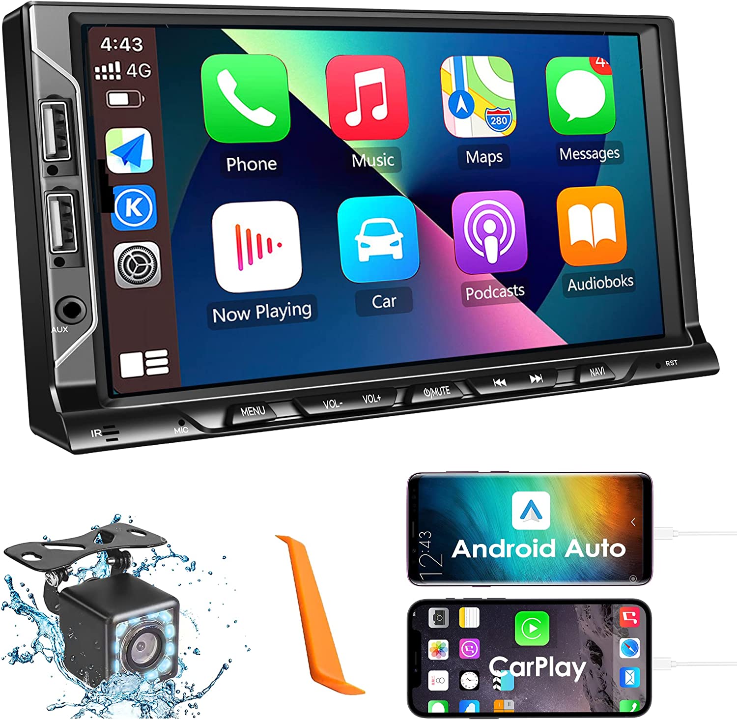 Double Din Car Stereo with Apple Carplay and Android Auto, Car Audio Receiver with Voice Control, 7 Inch Touchscreen Car Radio, Bluetooth, FM, AV in/USB Port, Mirror Link, Backup Camera