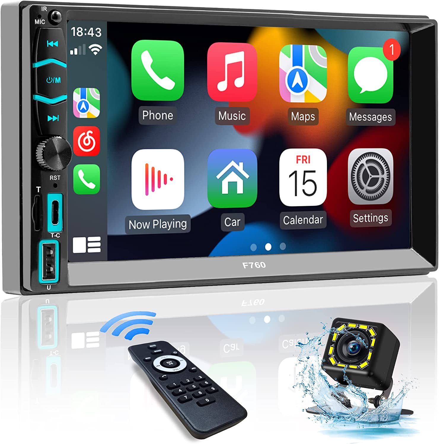 Double Din Car Stereo with Voice Control Apple Carplay&Android Auto,7 Inch HD LCD Touchscreen Monitor,Bluetooth,Subwoofer,Type-C/USB/SD Port,A/V Input,AM/FM Car Radio Receiver,SWC,Backup Camera(Free)