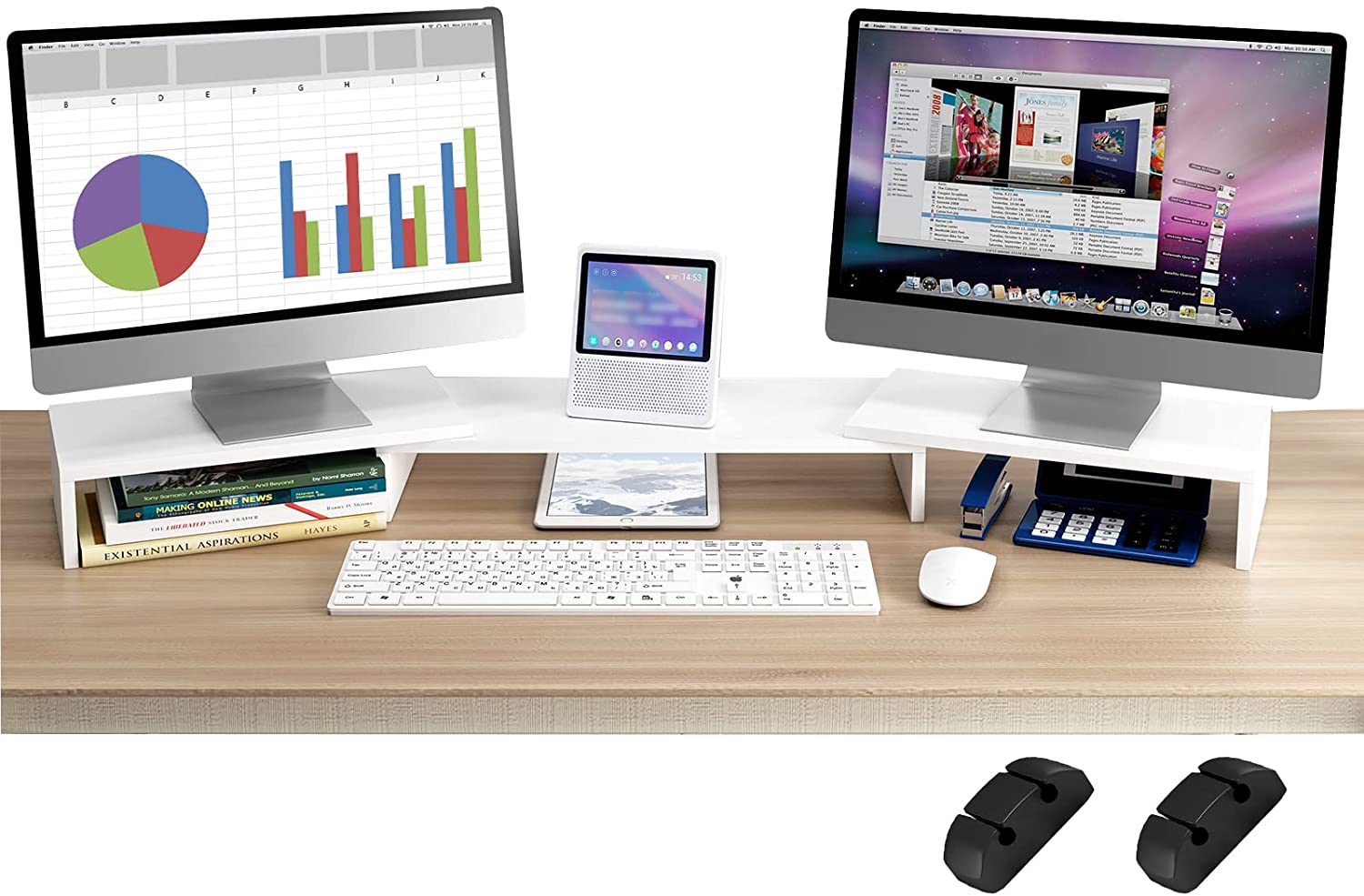 Dual Monitor Stand Riser Wood with Adjustable Length and Angle, Double Computer Monitor Riser for 12"-34" Screen, 3 Shelf Desktop Stand for Computer, Laptop,Tablet with 2 Cable Clips (White)