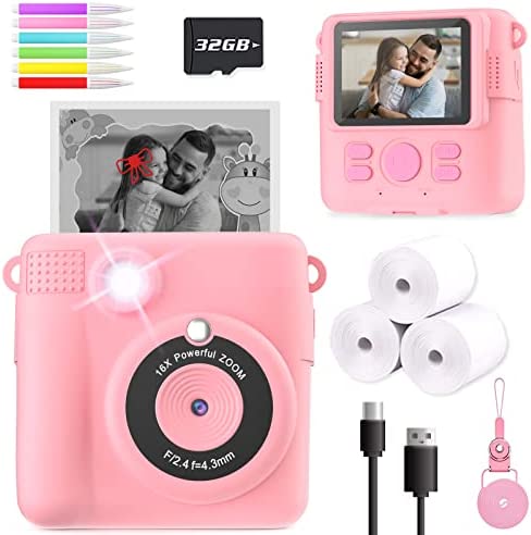 ESOXOFFORE Instant Print Camera for Kids, Christmas Birthday Gifts for Girls Boys Age 3-12, HD Digital Video Cameras for Toddler, Portable Toy for 3 4 5 6 7 8 9 10 Year Old Girl with 32GB SD Card-Pink