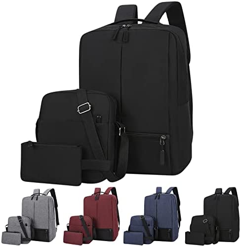 Fashion 3-Piece Backpack Male Business Usb Charging Laptop Bag Adjust Shoulder Large Capacity Student Business and Travel Bag (Black)