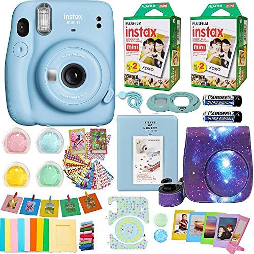 Fujifilm Instax Mini 11 Camera + Fuji Instant Instax Film (40 Sheets) & Includes Case + Assorted Frames + Photo Album + 4 Color Filters and More Bundle (Sky Blue)