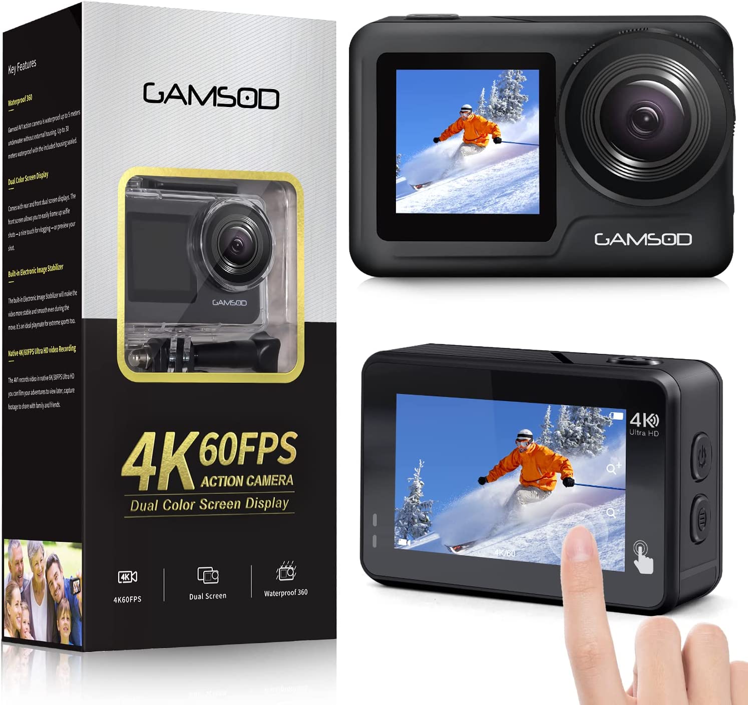 GAMSOD 4K60FPS 20MP WiFi Action Camera with Front LCD & Touch Rear Screens, 131 Feet Waterproof, Stabilization, EIS 2.0, Remote Control Outdoor Sports Camera, Vlog Underwater Camera with 2X Batteries