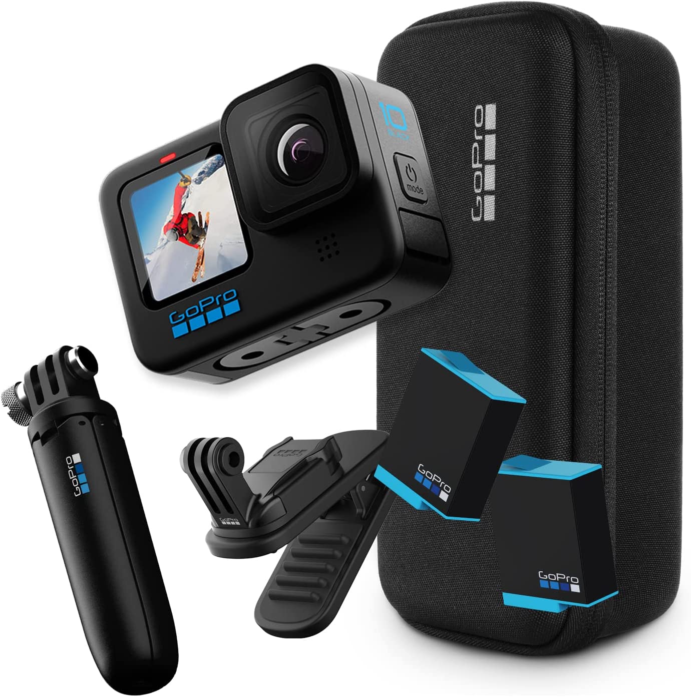 GoPro HERO10 Black Accessory Bundle - Includes HERO10 Camera, Shorty (Mini Extension Pole + Grip), Magnetic Swivel Clip, Rechargeable Batteries (2 Total), and Camera Case