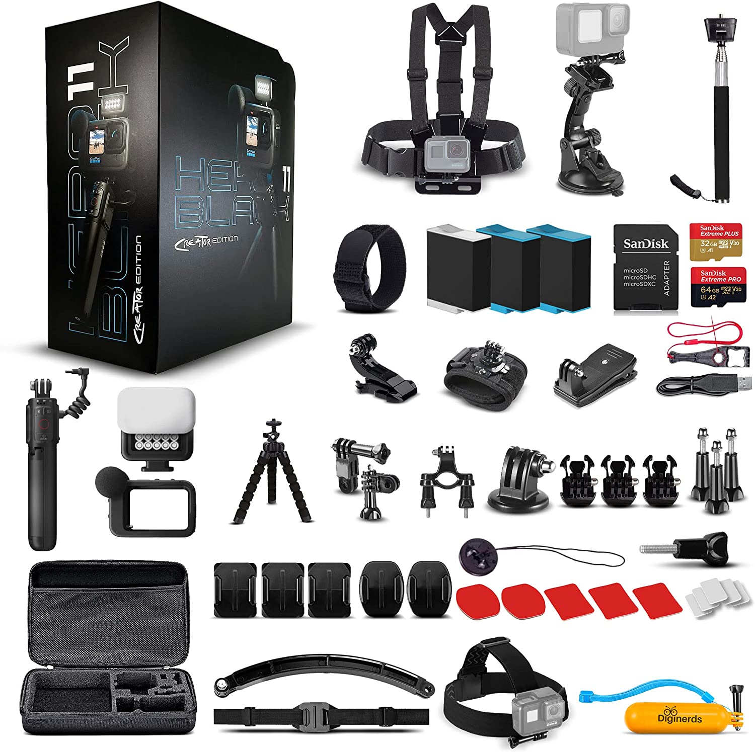 GoPro HERO11 Black Creator Edition - Includes Volta (Battery Grip, Tripod, Remote), Media Mod, Light Mod, Waterproof Action Camera + 64GB Card, 50 Piece Accessory Kit and 2 Extra Batteries