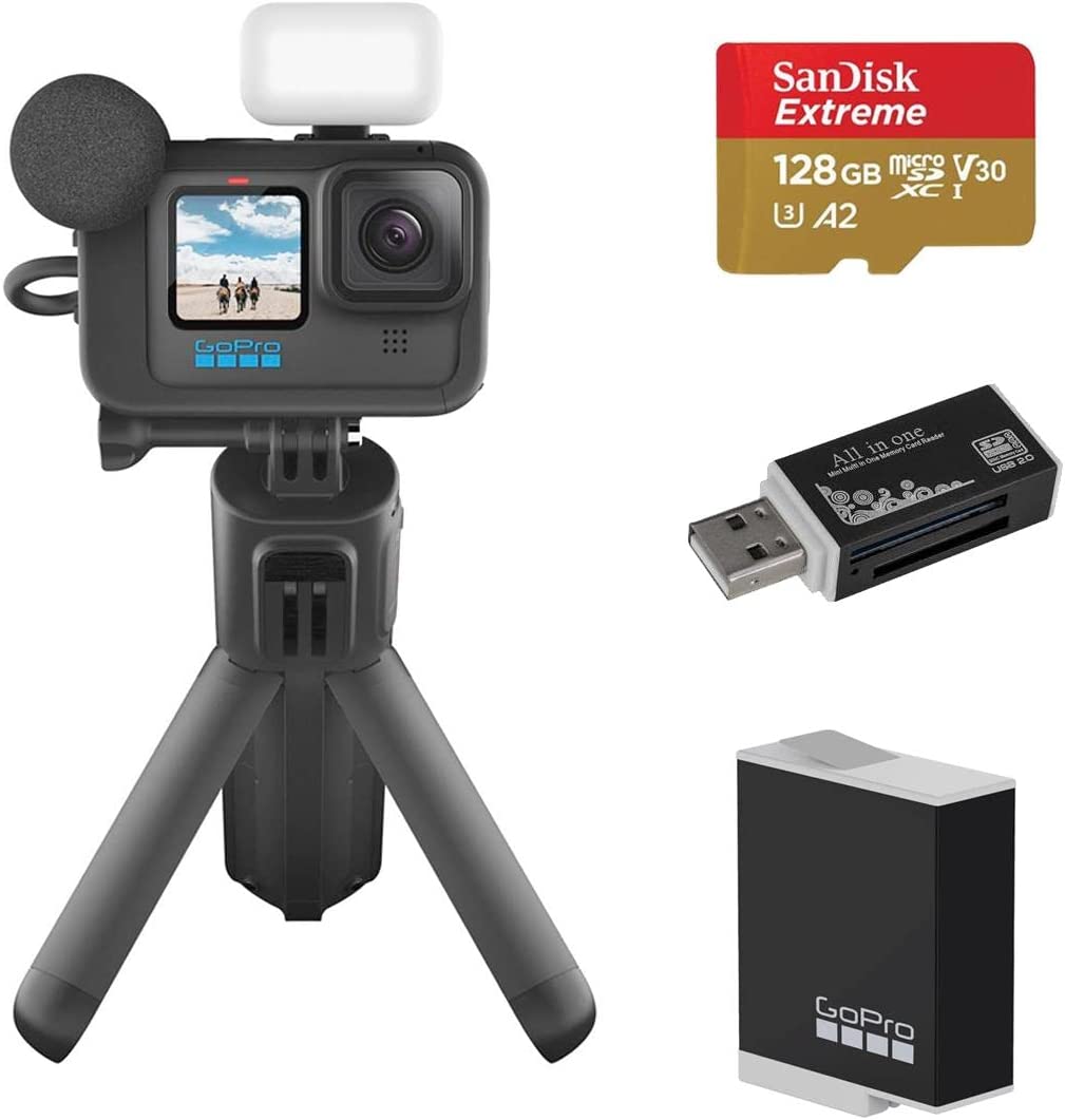 GoPro HERO11 Black Creator Edition Waterproof Action Camera Essential, Bundle with 128GB microSD Memory Card, Extra Battery, USB 2.0 Multi Card Reader