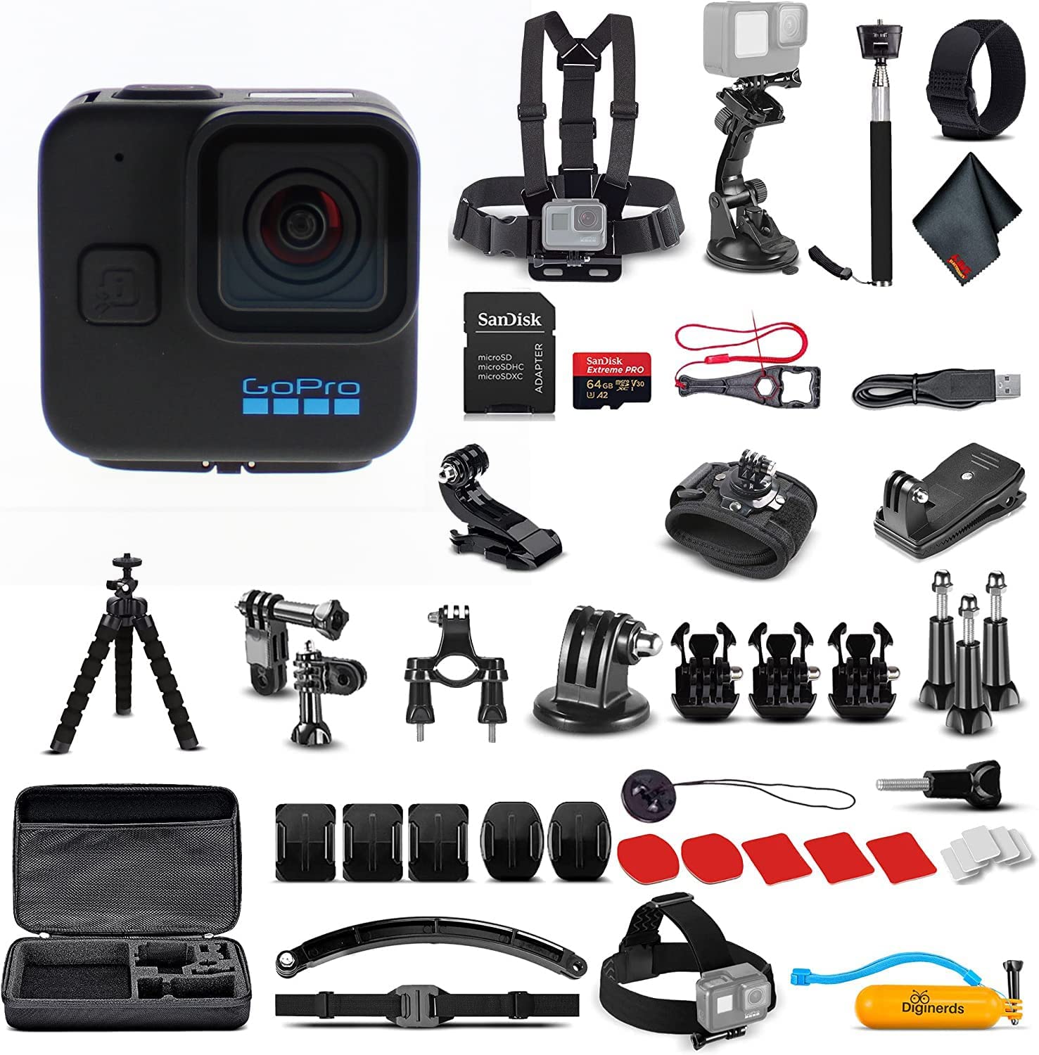 GoPro HERO11 (Hero 11) Black Mini - Waterproof Action Camera with 5.3K Ultra HD Video, 24.7MP Photos, 1/1.9" Image Sensor, Stabilization (CHDHF-111-TH) + 50-in-1 Accessory Kit + 64GB Card + More