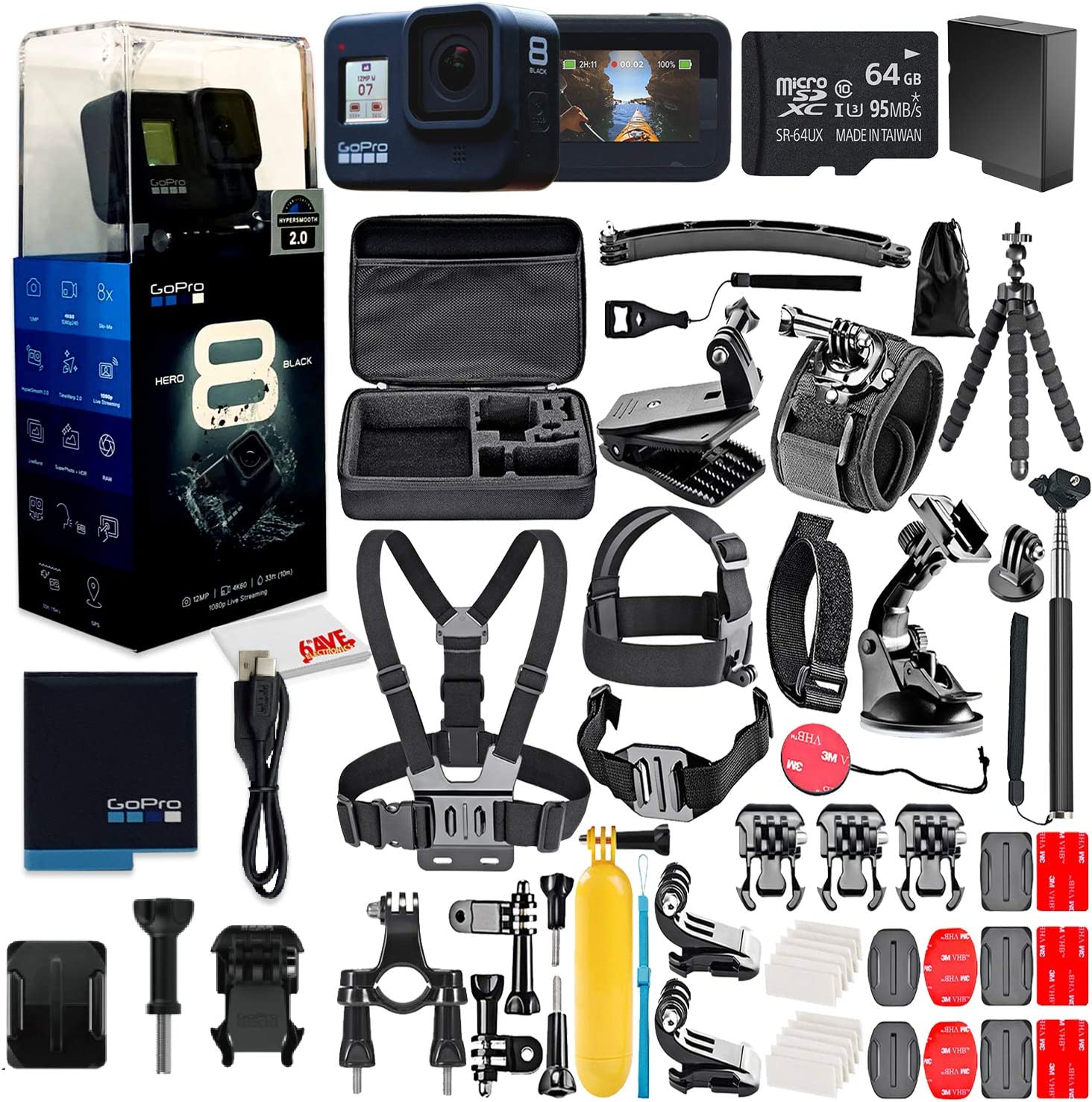 GoPro HERO8 Black Digital Action Camera - Waterproof, Touch Screen, 4K UHD Video, 12MP Photos, Live Streaming, Stabilization - with 50 Piece Accessory Kit + 64GB Memory Card + Extra Battery