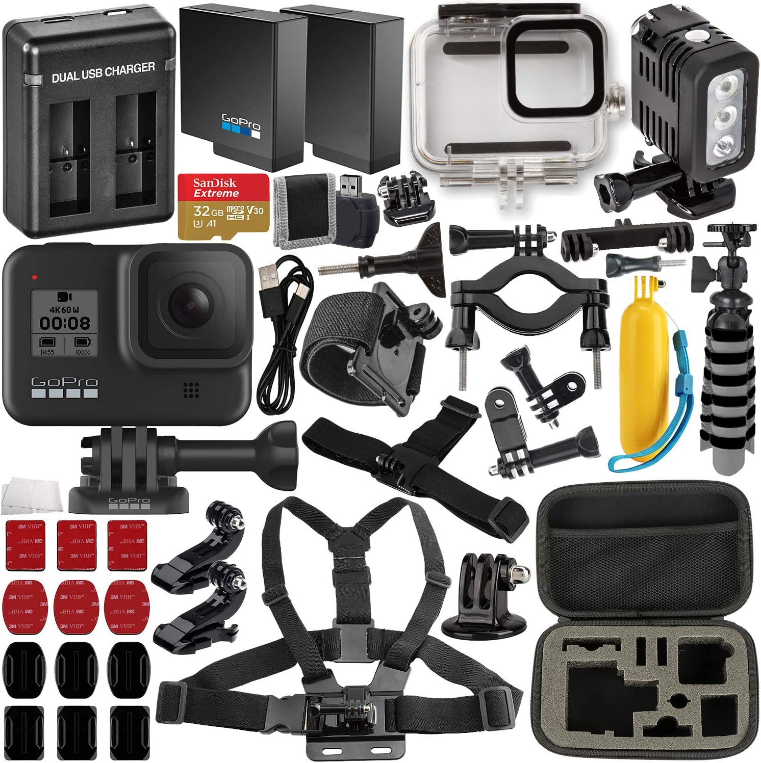 GoPro HERO8 Black with Deluxe Accessory Bundle – Includes: SanDisk Extreme 32GB microSDHC Memory Card, Spare Battery, Dual Battery Charger, Underwater Housing, LED Light & Much More