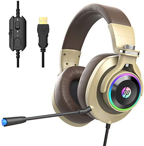 HP USB PC Gaming Headset with Microphone. 7.1 Surround Sound, RGB LED Lighting, Noise Isolating Over Ear Game Headphones with Detachable Mic for PC, Mac, PS4, Laptop - Gold