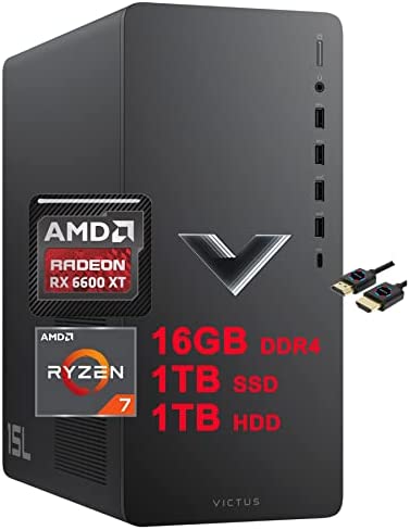 HP Victus 15L Gaming Desktop Computer | AMD 8-Core Ryzen 7 5700G (>i7-10700) | 16GB DDR4 1TB SSD + 1TB HDD | AMD Radeon RX 6600XT 8GB Graphic (>NVIDIA RTX 3060) | USB-C DiplayPort Win11 + HDMI Cable