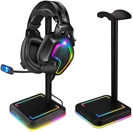 Headphone Stand, TEEDOR RGB Gaming Headset Holder with 2 USB Charger Ports & 10 Lighting Modes for Desktop PC Game Earphone Accessories