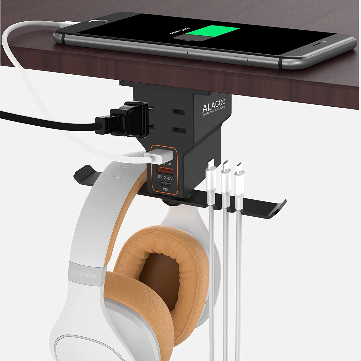 Headphone Stand with USB Charger /1 Type-c/2 2-Prong AC Outlet Power Strips/3 Under Desk Headset Holder Mount Suitable for Gamers Gifts Desk Gaming Accessories