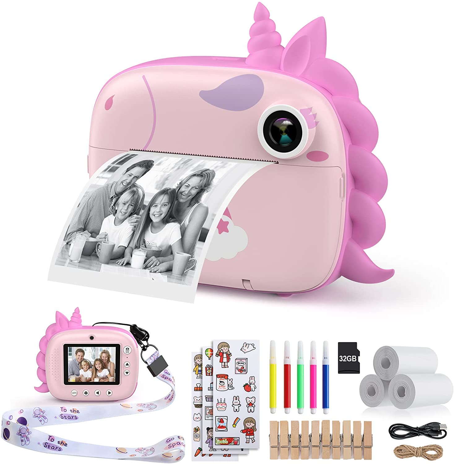 HiMont Kids Camera Instant Print, Digital Camera for Kids with Zero Ink Print Paper & 32G TF Card, Selfie Video Camera with Color Pens & Photo Clips for DIY, Gift for Girls Boys 3-12 Years Old (Pink)