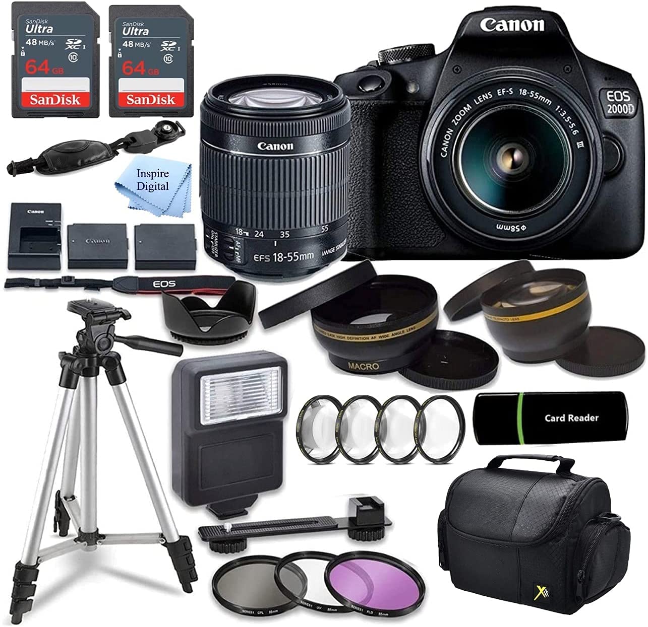 Inspire Digital- Canon Intl. Canon EOS 2000D (Rebel T7) DSLR Camera wCanon EF-S 18-55mm F3.5-5.6 Zoom Lens + Case + Sandisk 128gb Ultra Memory Card with Inspire Digital Cloth (Renewed)