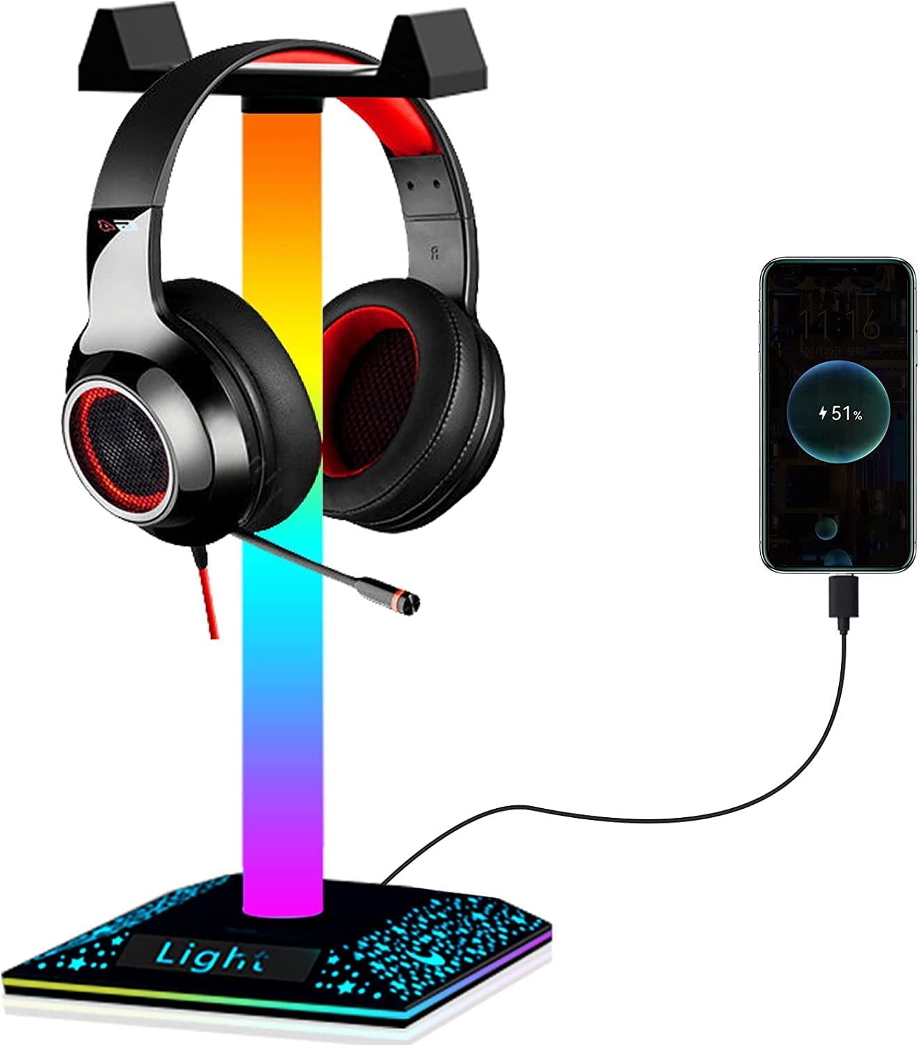 KANTUTOE RGB Gaming Headphone Stand Light with USB Port RGB Gaming Stand Light for Desktop PC Gaming Headset Accessories, Best Gift for Husband, Kids, Boyfriend