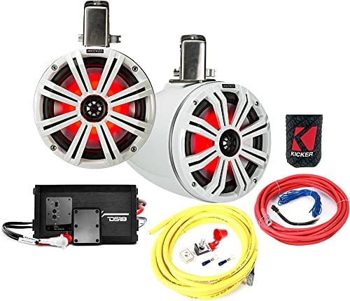 KICKER Speakers and Amp Package 8" Wakeboard Tower Speakers (White) with DS18 320W 2-Channel Marine Amplifier and 8AWG Power Wiring Kit