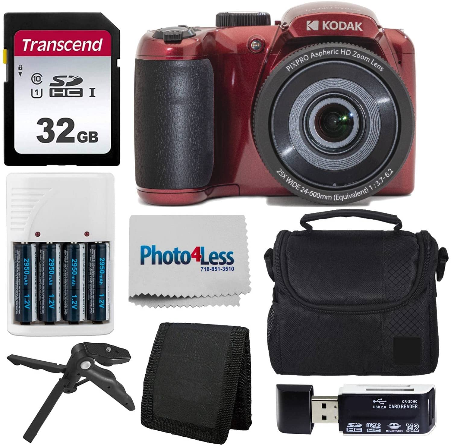 Kodak PIXPRO AZ255 Digital Camera (Red) + Point & Shoot Camera Case + 32GB SD Memory Card + Rechargeable Batteries & Charger + USB Card Reader + Table Tripod + Accessories